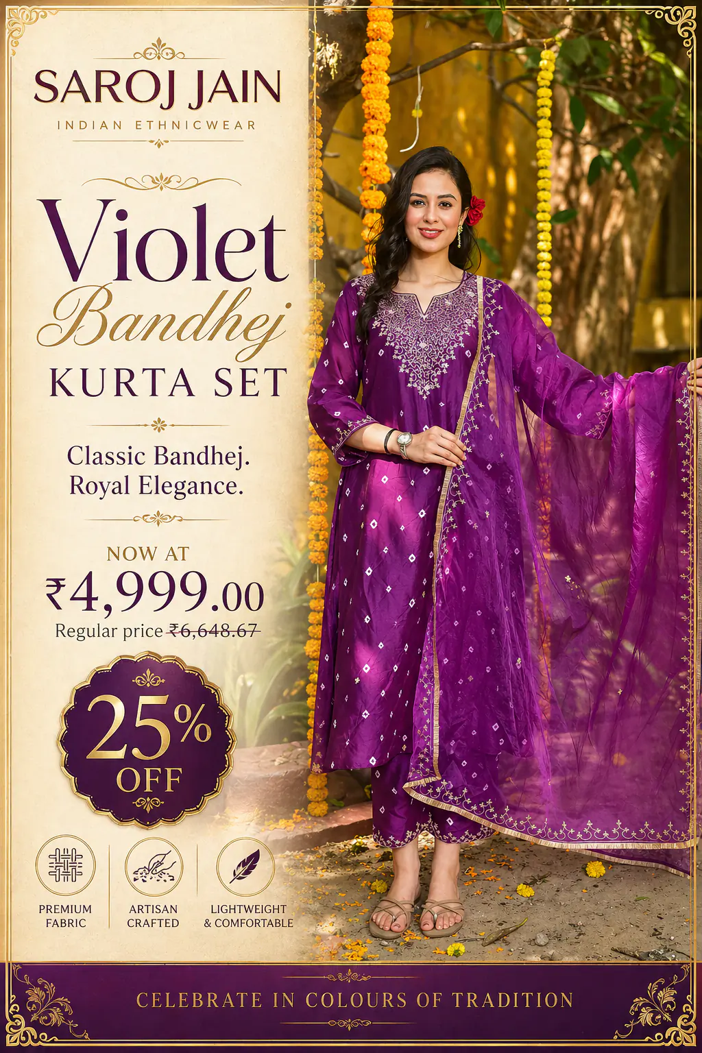 Violet Bandhej Kurta Set